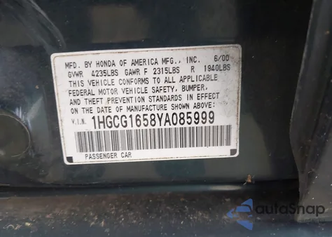 2000 Honda Accord 3.0 Ex из США, поврежденный, VIN 1HGCG1658YA085999